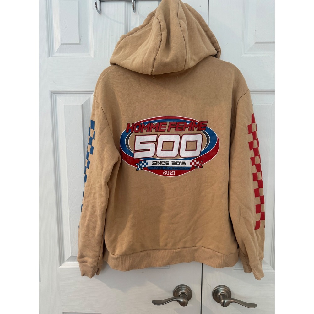 Homme Femme 500 Racing Zip Up Hoodie Tan Mens Medium Checkerboard Streetwear - Picture 5 of 12
